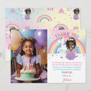 Cute Brown Princess Rainbow Unicorn Birthday Photo Thank You Card