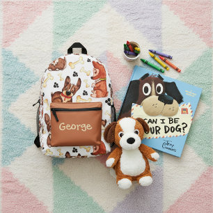 CUTE BROWN PUPPIES DOGS BONES PATTERN CUSTOM NAME PRINTED BACKPACK