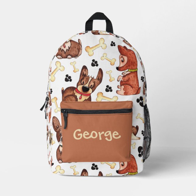CUTE BROWN PUPPIES DOGS BONES PATTERN CUSTOM NAME PRINTED BACKPACK (Front)