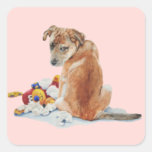 cute brown puppy and teddy realist dog portrait square sticker