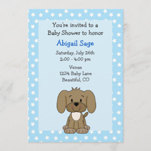 Cute Brown Puppy Dog Blue Baby Boy Shower Invitation