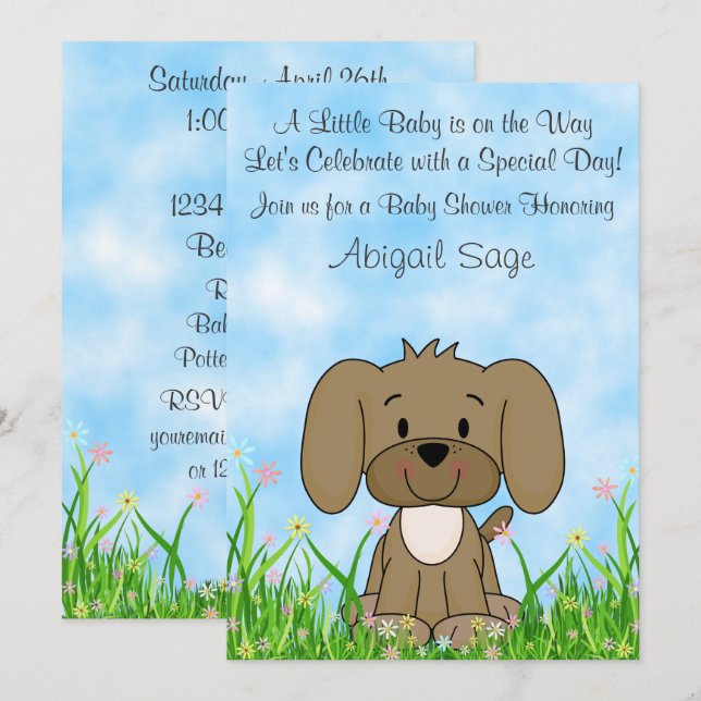 Cute Brown Puppy Dog n Flowers Baby Shower Invite (Front/Back)