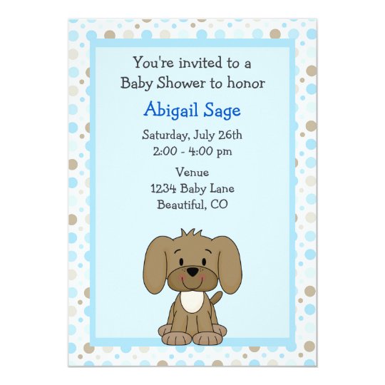 Cute Brown Puppy Dog on Blue Boys Baby Shower Card