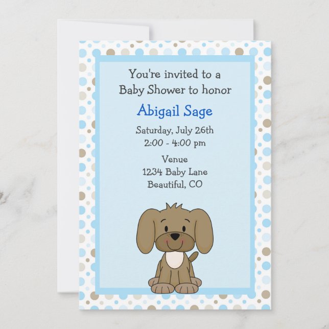 Cute Brown Puppy Dog on Blue Boys Baby Shower Invitation (Front)