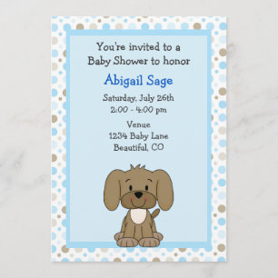 Cute Brown Puppy Dog on Blue Boys Baby Shower Invitation