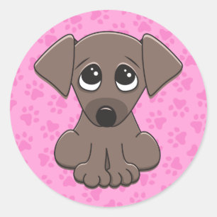 Cute, brown puppy dog on pink paw print background classic round sticker