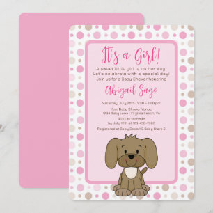 Cute Brown Puppy Dog Pink Polka Dot Baby Shower Invitation