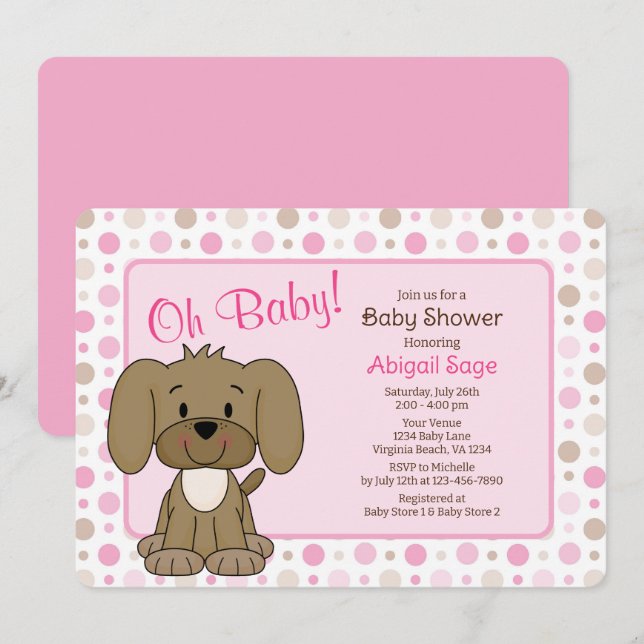 Cute Brown Puppy Dog Pink Polka Dot Baby Shower Invitation (Front/Back)