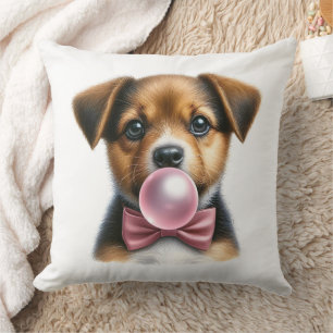 Cute Brown Puppy Pink Bow Tie Blowing Bubble Gum Cushion