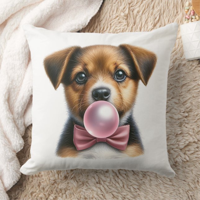 Cute Brown Puppy Pink Bow Tie Blowing Bubble Gum Cushion (Blanket)