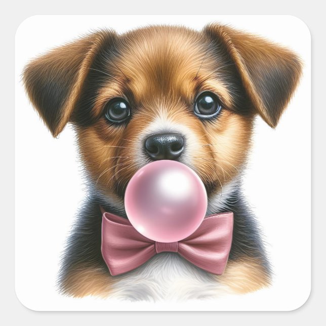 Cute Brown Puppy Pink Bow Tie Blowing Bubble Gum Square Sticker (Front)