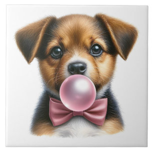 Cute Brown Puppy Pink Bow Tie Blowing Bubble Gum Tile