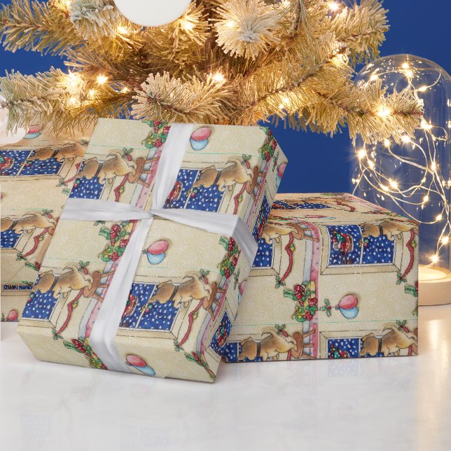 cute brown puppy santa sleigh in snow christmas wrapping paper (Holidays)