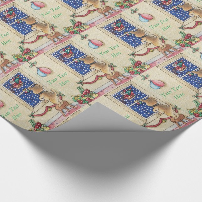 cute brown puppy watching santa sleigh in snow wrapping paper (Corner)