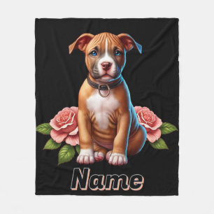 Cute Brown Puppy with Roses Fleece Blanket