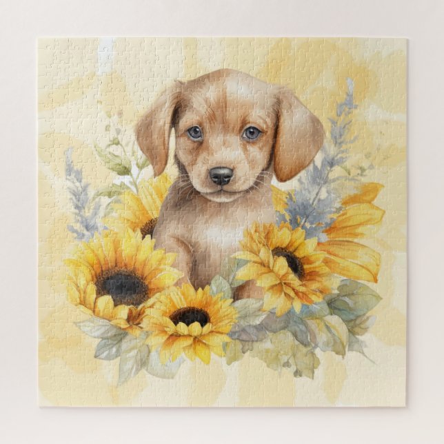 Cute Brown Puppy Yellow Sunflower Watercolor Jigsaw Puzzle (Vertical)