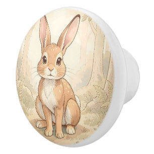 Cute brown rabbit in a forest ceramic knob