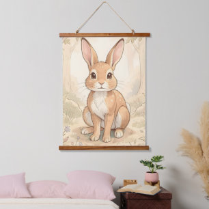 Cute brown rabbit in a forest hanging tapestry