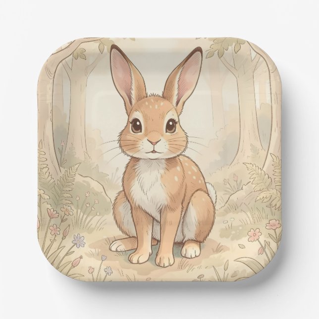 Cute brown rabbit in a forest paper plate (Front)