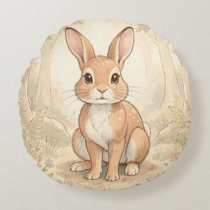 Cute brown rabbit in a forest round cushion