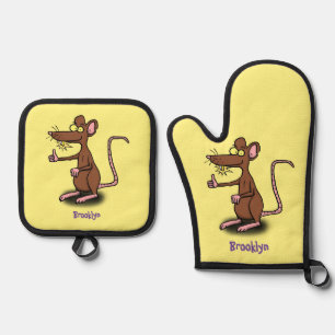 Cute brown rat thumbs up cartoon oven mitt & pot holder set