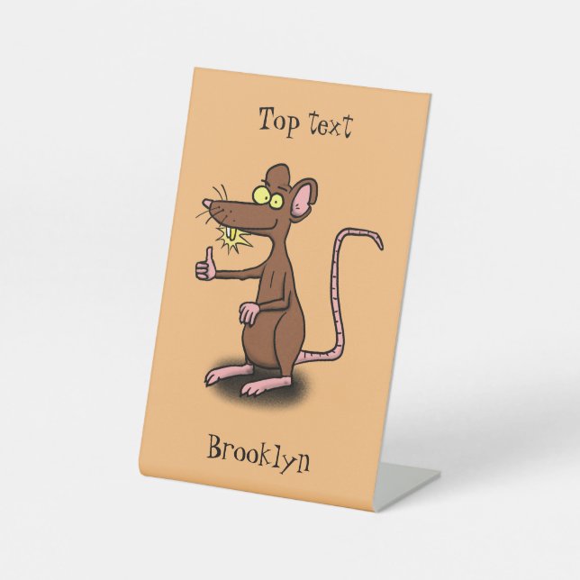 Cute brown rat thumbs up cartoon pedestal sign (Front)