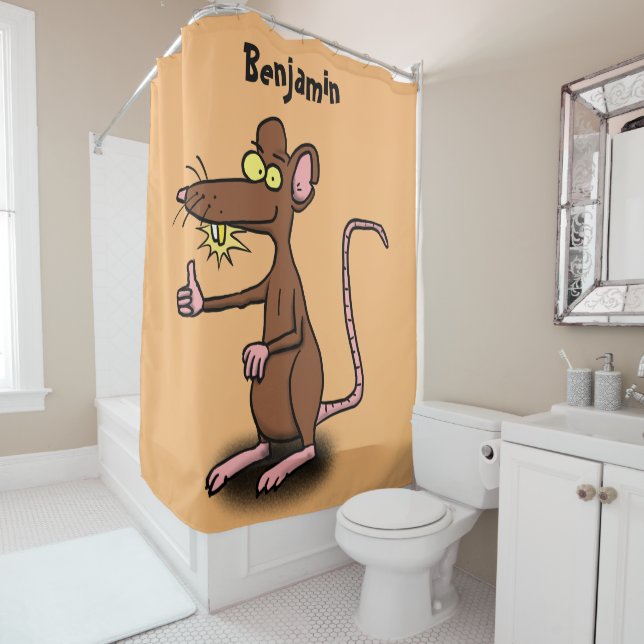 Cute brown rat thumbs up cartoon shower curtain (In Situ)