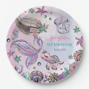 Cute Brown Skin Mermaid Sea Turtle Narwhal Party Paper Plate