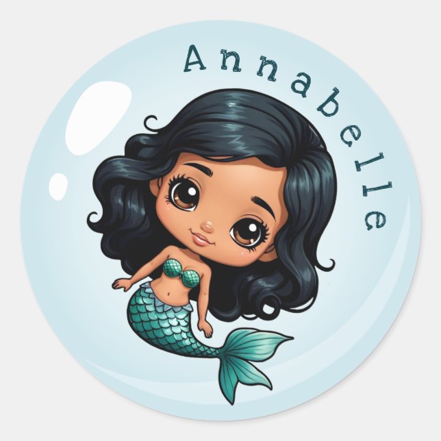 Cute Brown-skinned Mermaid in a Bubble Personalise Classic Round Sticker (Front)