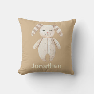 Cute Brown Sleepy Bunny Name Nursery Cushion
