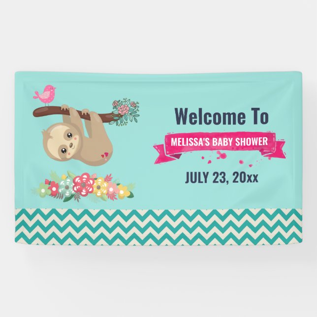 Cute Brown Sloth Hanging Upside Down Baby Shower Banner (Horizontal)