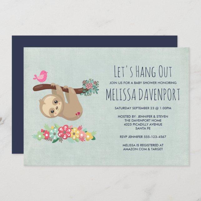 Cute Brown Sloth Hanging Upside Down Baby Shower Invitation (Front/Back)