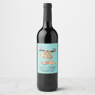 Cute Brown Sloth Hanging Upside Down Baby Shower Wine Label