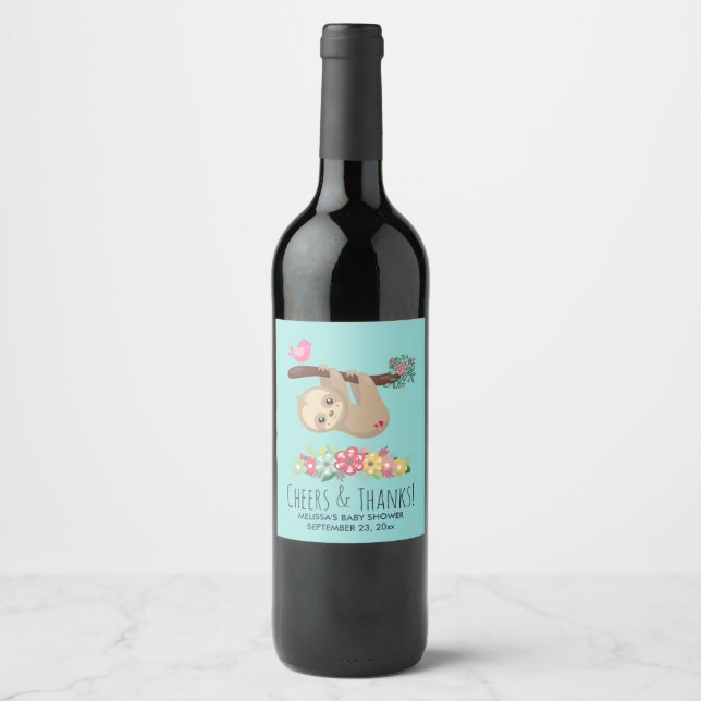 Cute Brown Sloth Hanging Upside Down Baby Shower Wine Label (Front)