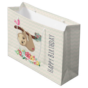 Cute Brown Sloth Hanging Upside down Birthday Large Gift Bag