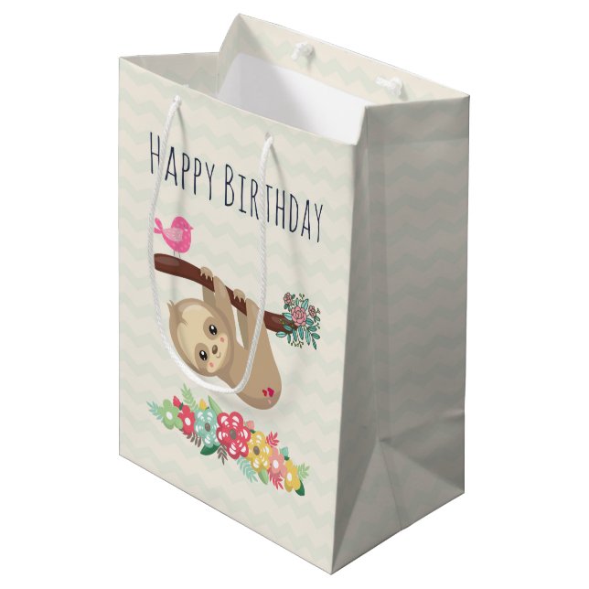 Cute Brown Sloth Hanging Upside down Birthday Medium Gift Bag (Front Angled)