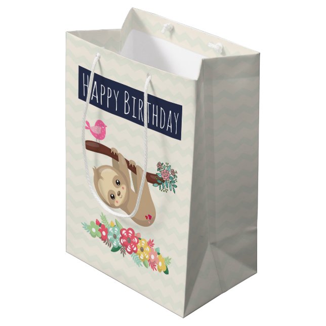 Cute Brown Sloth Hanging Upside down Birthday Medium Gift Bag (Front Angled)