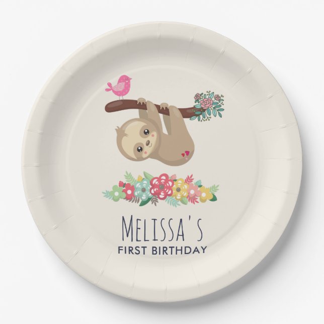Cute Brown Sloth Hanging Upside down Birthday Paper Plate (Front)