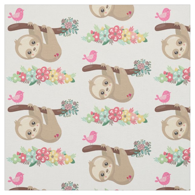 Cute Brown Sloth Hanging Upside down Pattern Fabric (Swatch)