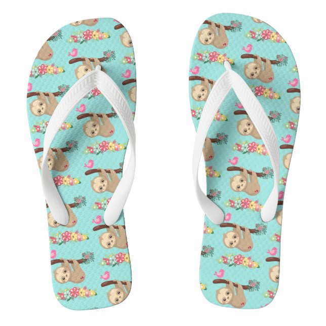 Cute Brown Sloth Hanging Upside down Pattern Flip Flops (Footbed)