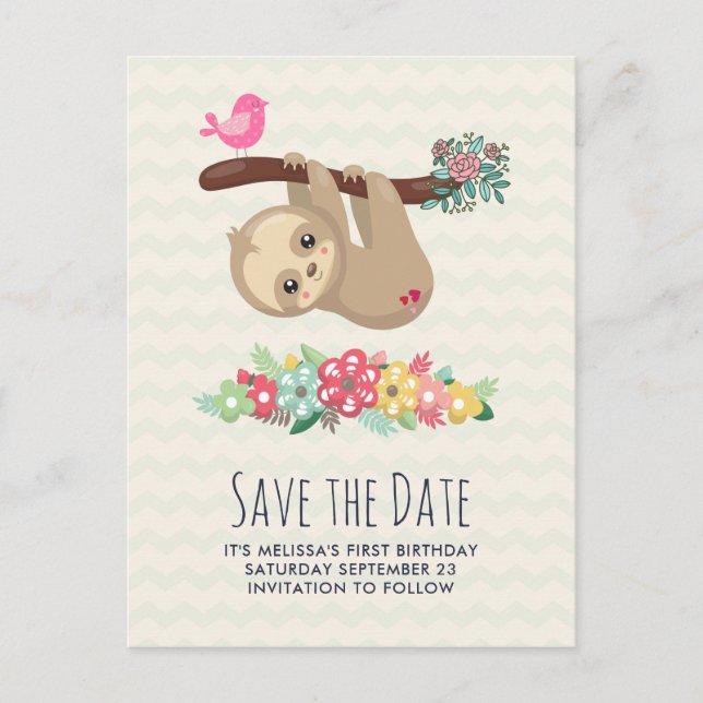 Cute Brown Sloth Hanging Upside Down Save the Date Postcard (Front)