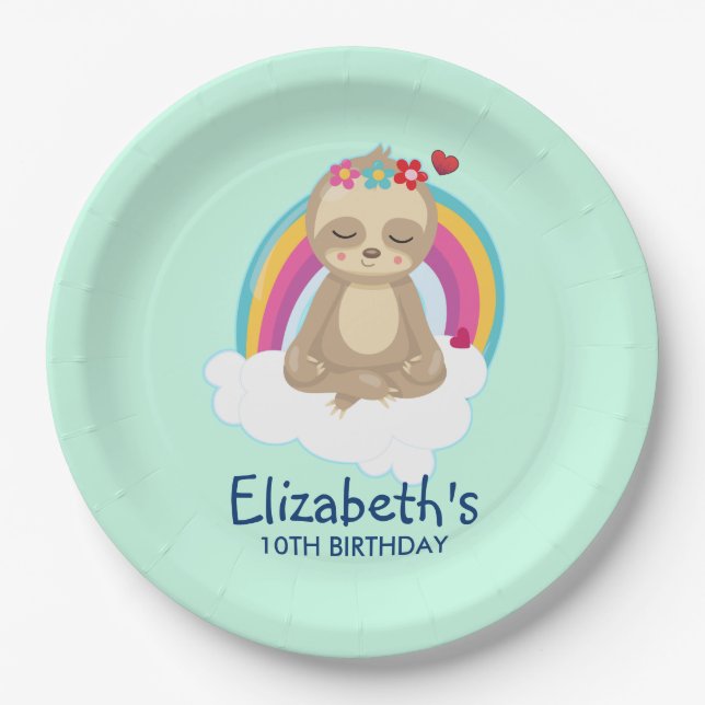 Cute Brown Sloth, Meditating on a Cloud Birthday Paper Plate (Front)