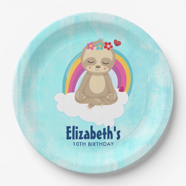 Cute Brown Sloth, Meditating on a Cloud Birthday Paper Plate (Front)