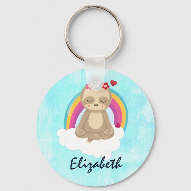 Cute Brown Sloth, Meditating on a Cloud Key Ring (Front)