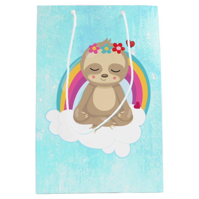 Cute Brown Sloth, Meditating on a Cloud Medium Gift Bag (Front)