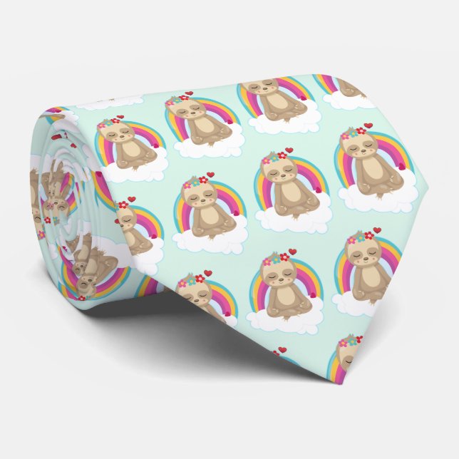 Cute Brown Sloth, Meditating on a Cloud Pattern Tie (Rolled)