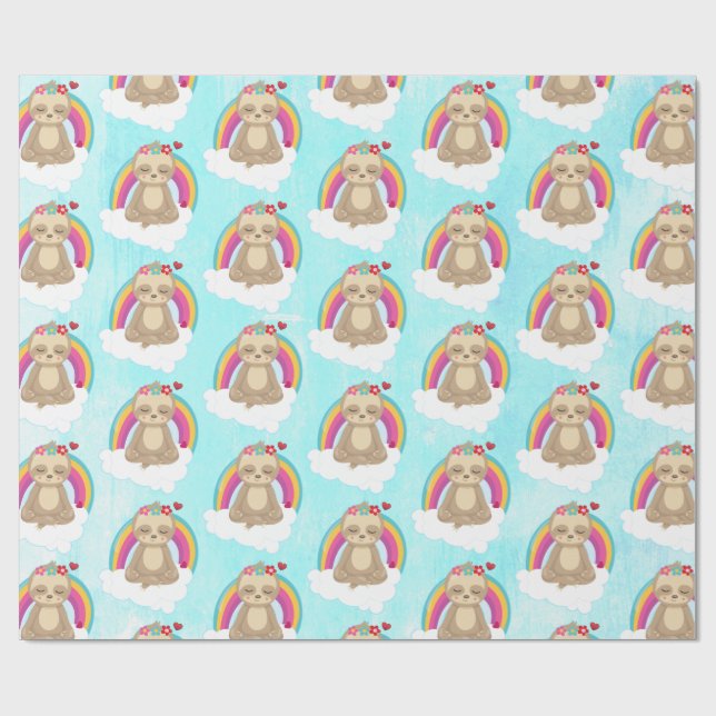 Cute Brown Sloth, Meditating on a Cloud Pattern Wrapping Paper (Flat)