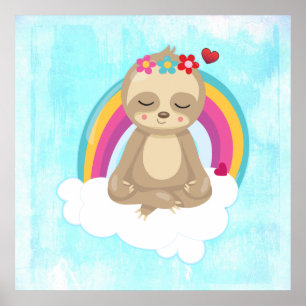 Cute Brown Sloth, Meditating on a Cloud Poster
