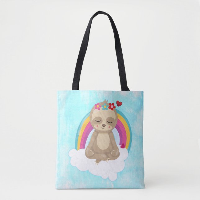 Cute Brown Sloth, Meditating on a Cloud Tote Bag (Front)