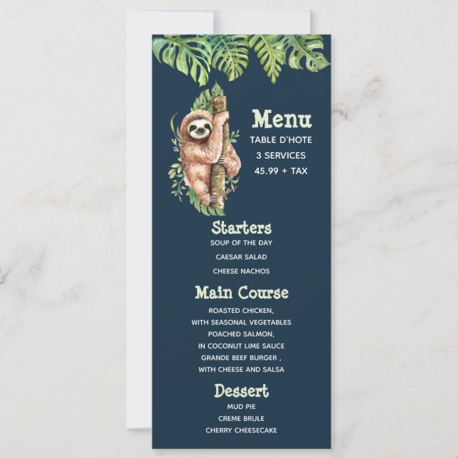 Cute brown Sloth & Tropical Leaves Watercolor Menu Invitation (Front)